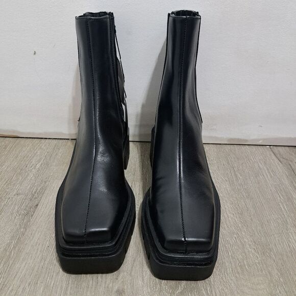Zara Leather Square Toe Platform Chunky Streetwear Boot Size 37 - Black - Picture 15 of 15